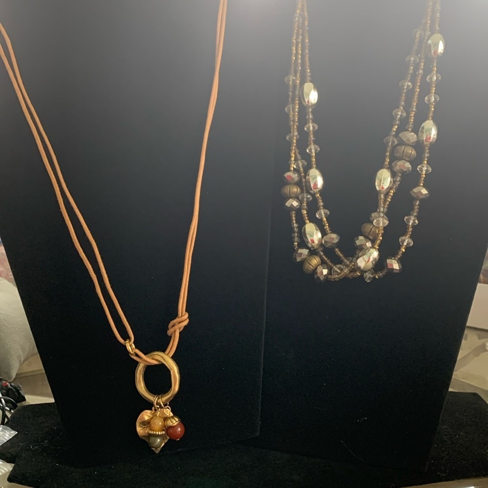 Two Neutral Color Necklaces 24” & 17” Beaded Gold Tone Leaf